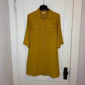 New York & Company Shirt Dress Button Up Mustard Yellow Pockets Women's Small